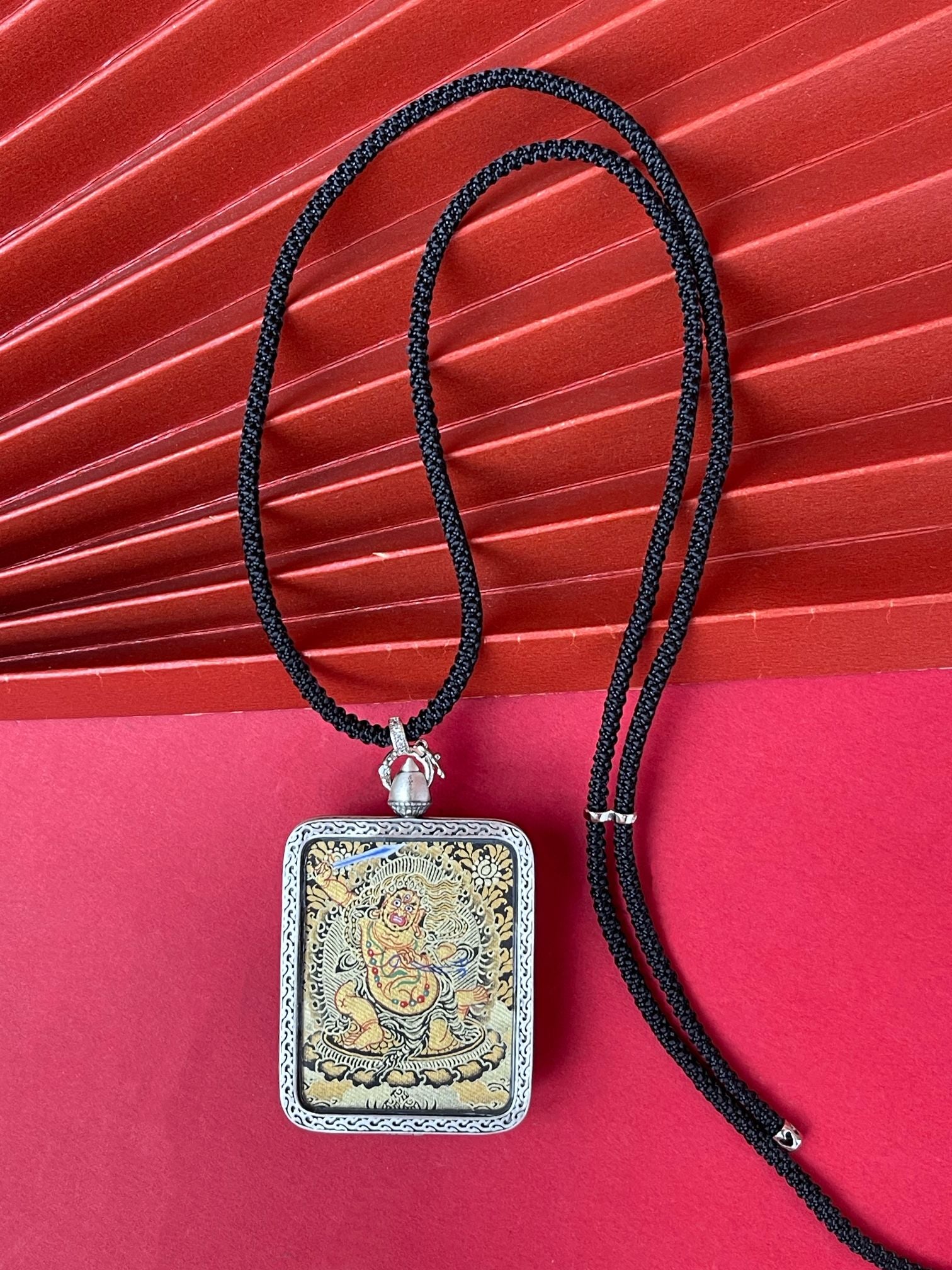  Hand-painted Rekong Black Gold Acala (不动明王) Thangka pendant 3.5x4.5cm with deer relief silver casing featuring the Immovable Wisdom King, representing steadfast compassion and clear obstacles in Buddhist tradition.