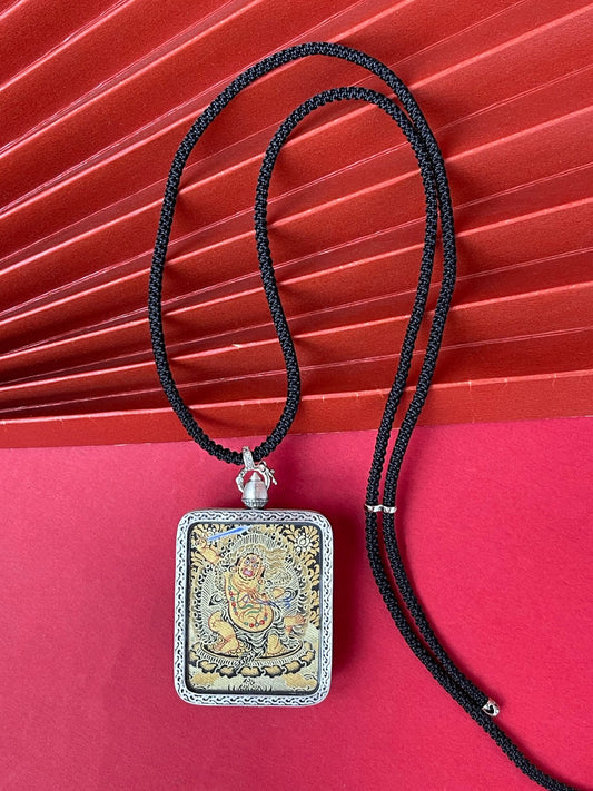  Hand-painted Rekong Black Gold Acala (不动明王) Thangka pendant 3.5x4.5cm with deer relief silver casing featuring the Immovable Wisdom King, representing steadfast compassion and clear obstacles in Buddhist tradition.