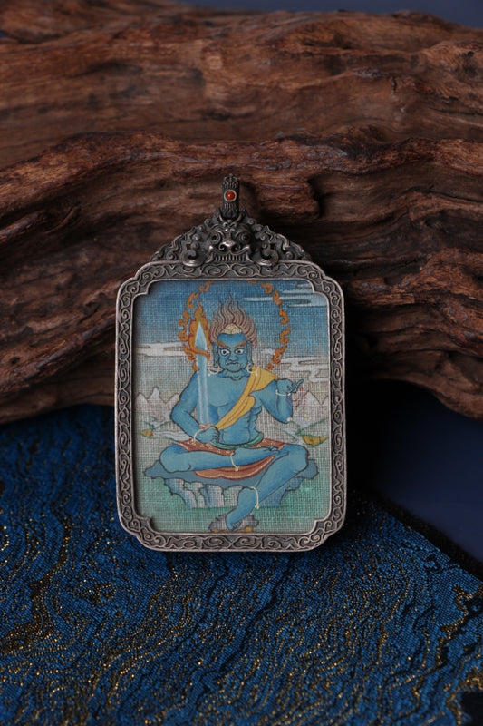 Thangka necklace portraying Acala as the Immovable Wisdom King, representing inner strength and unwavering spiritual resolve.