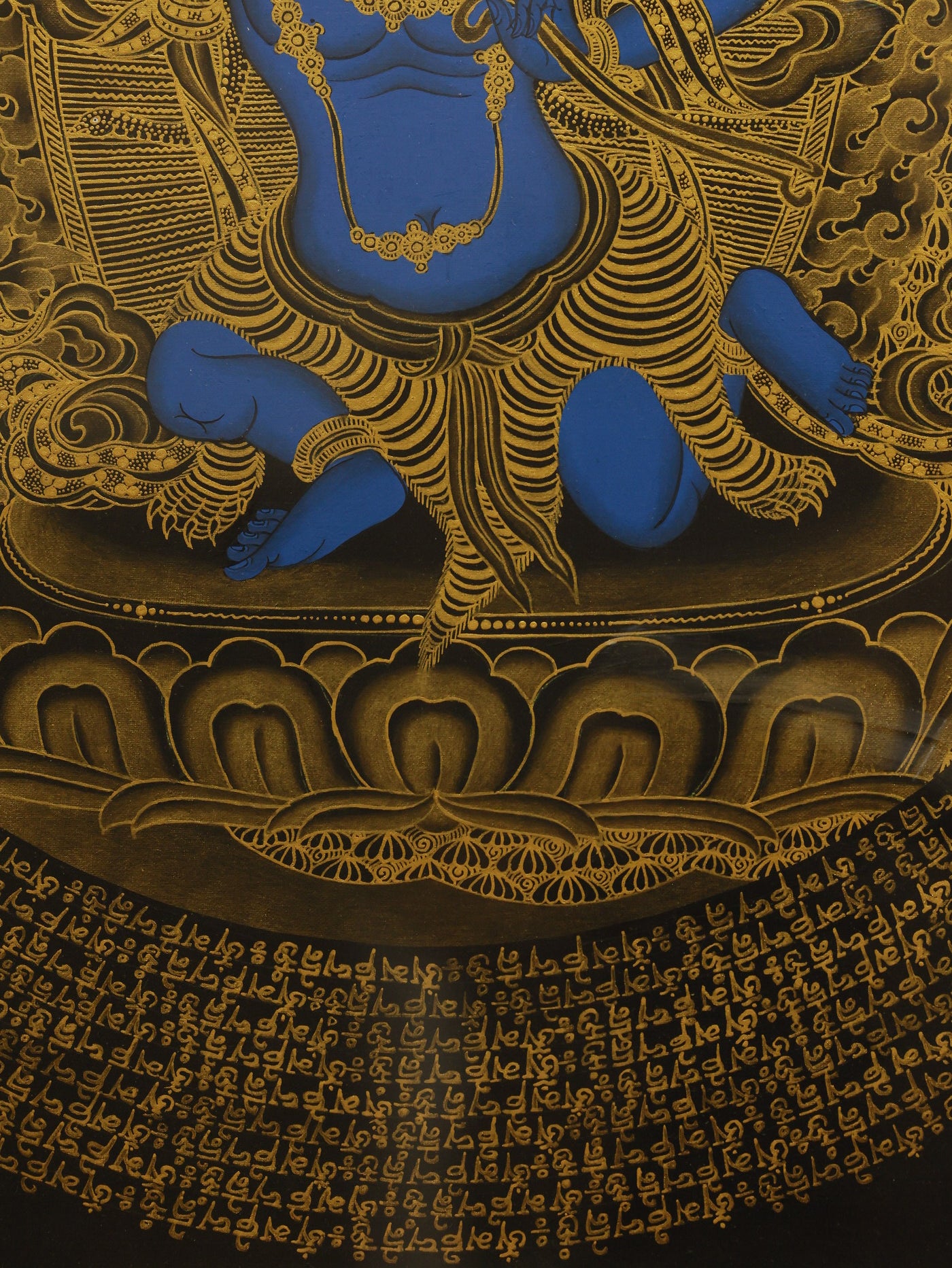Traditional Vajrayana thangka art of the Immovable Wisdom King Achala, featuring the sacred six-word mantra in Tibetan Buddhist iconography.