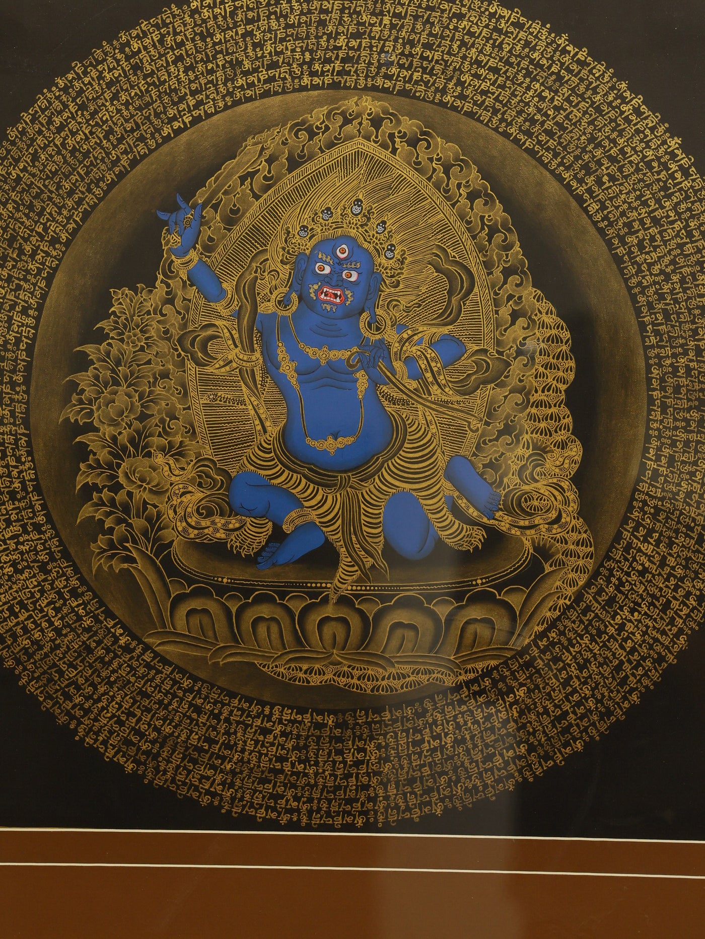 Detailed Buddhist thangka painting of Achala Vidyaraja, also known as Fudo Myoo, accompanied by the powerful six-syllable mantra.