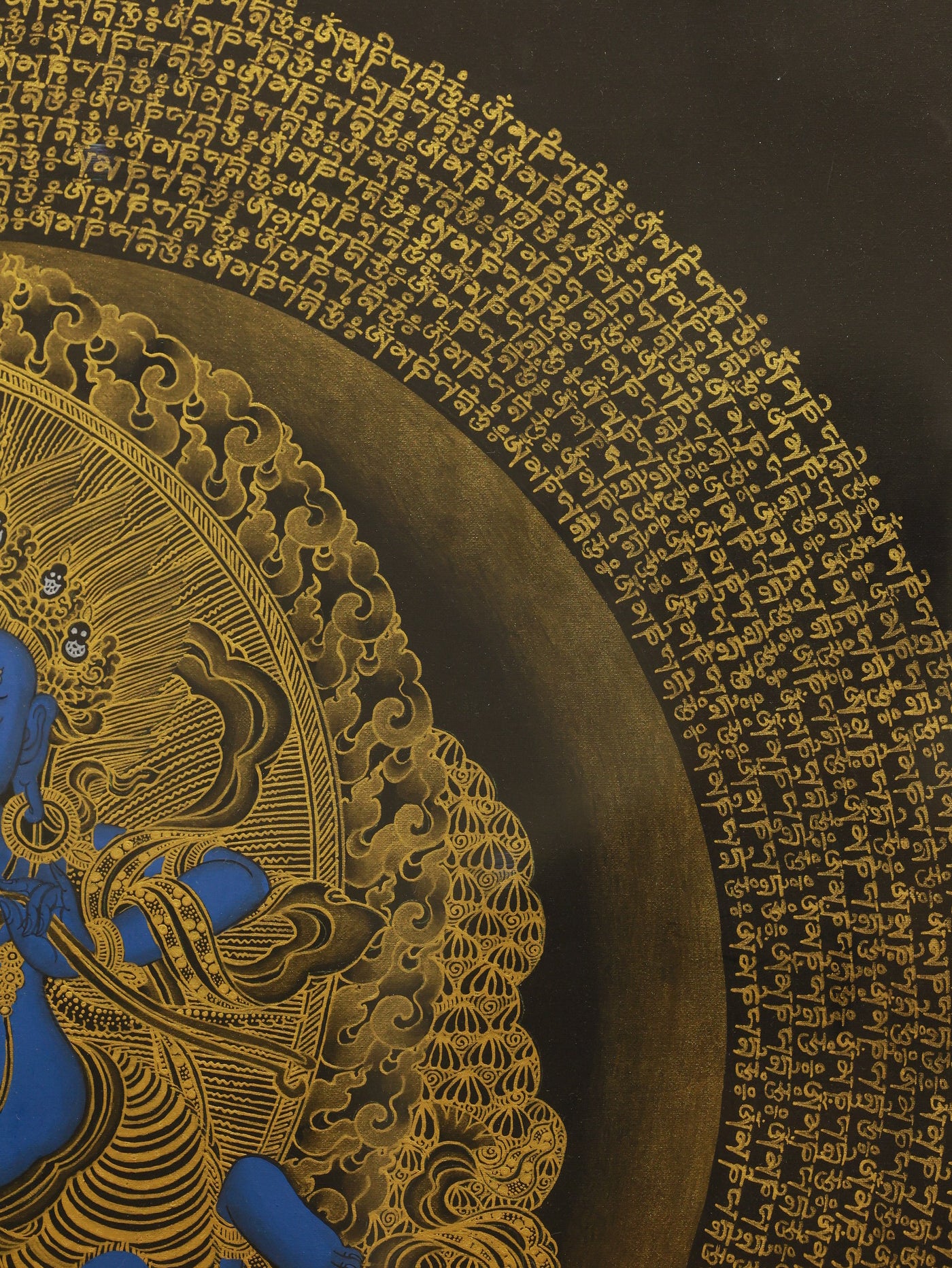 Protector deity thangka showing Achala Vidyaraja with wrathful expression and six-syllable mantra for removing obstacles.