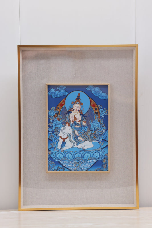 Samantabhadra depicted on a blue background in a Tibetan Buddhist thangka, symbolizing Dharmakaya and enlightenment.