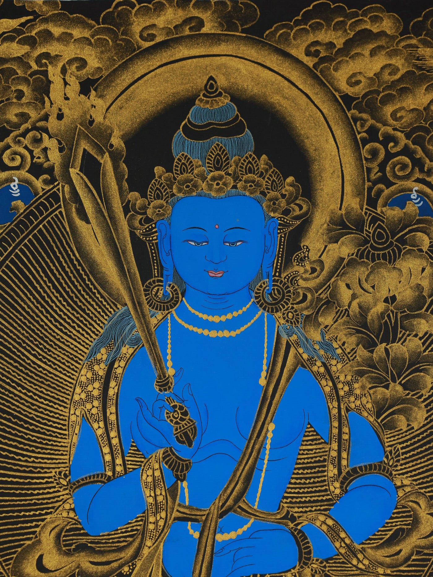 Traditional Tibetan thangka art of Akasagarbha Bodhisattva, representing boundless wisdom in Buddhist culture.