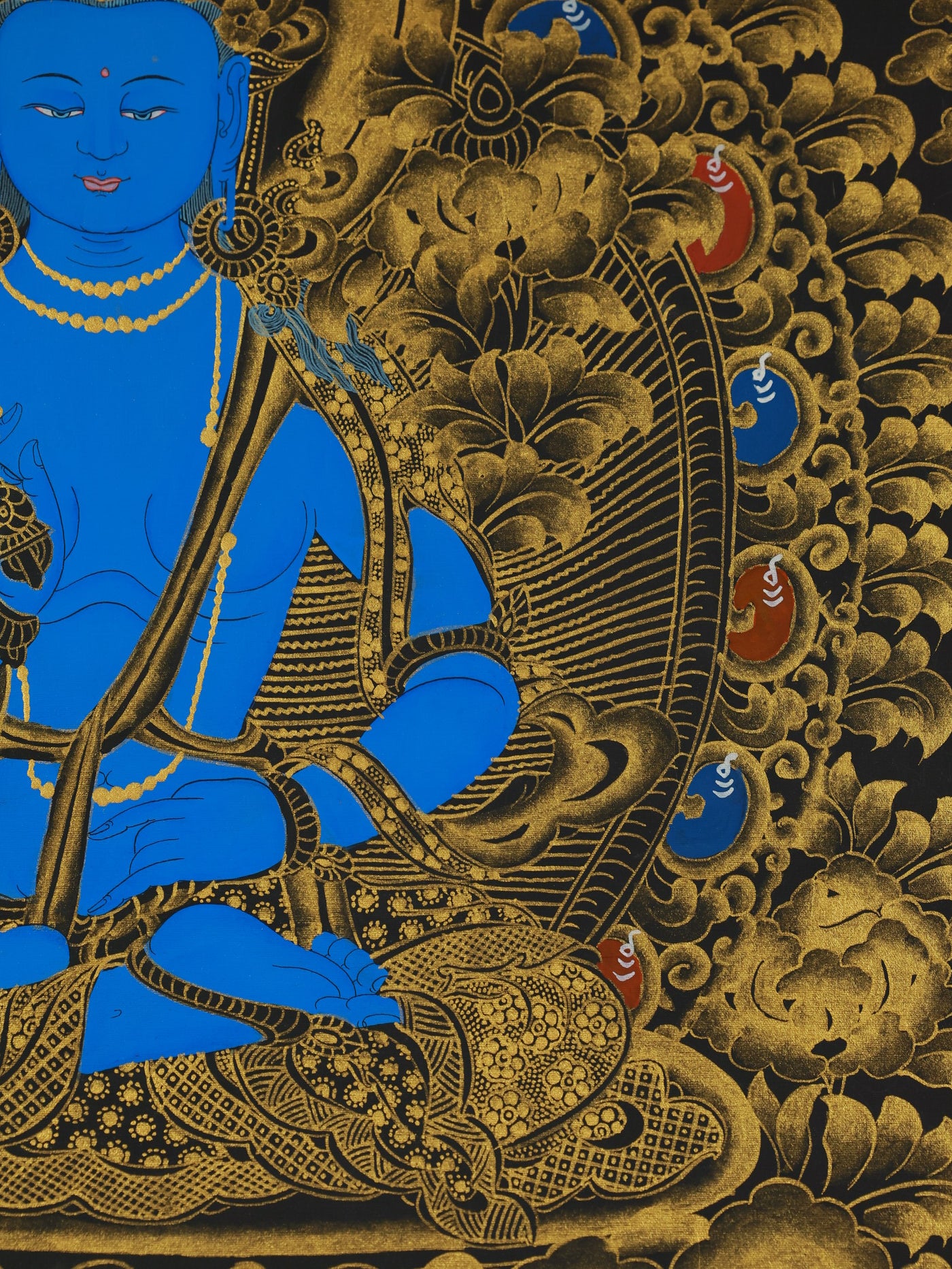 Tantric-style Tibetan thangka portraying Akasagarbha Bodhisattva within a sacred Buddhist composition.