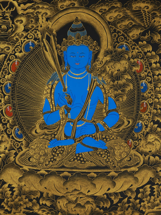 Hand-painted Tibetan Buddhist thangka depicting Akasagarbha Bodhisattva, symbol of wisdom and accumulated merit.