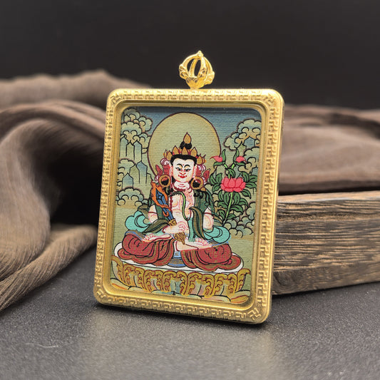 Hand-painted Nepal Akasagarbha (虚空藏菩萨) Thangka pendant 4x5cm with titanium casing featuring the Bodhisattva of the Treasury of Space, representing wisdom and wealth in Buddhist tradition.
