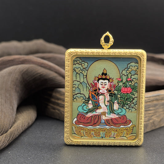  Detailed view of the titanium casing for the Akasagarbha Thangka pendant, symbolising wisdom and tradition in Buddhist practice.
