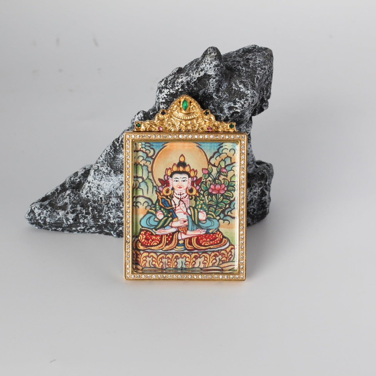 Close-up detail of the Nepal Elegant Akasagarbha Thangka painting showing intricate natural mineral pigment work, showcasing the masterful artistry of Nepali lineage painters.
