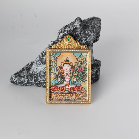 Close-up detail of the Nepal Elegant Akasagarbha Thangka painting showing intricate natural mineral pigment work, showcasing the masterful artistry of Nepali lineage painters.
