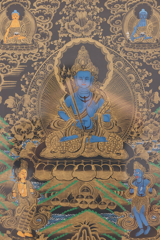 Tibetan Akashagarbha Thangka – sacred art for wisdom growth, merit accumulation, and obstacle removal in Buddhist tradition.