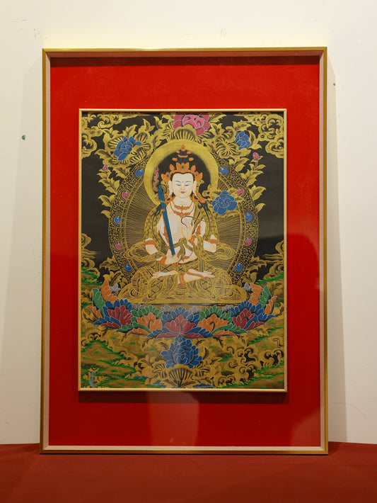 Akashagarbha Bodhisattva black gold thangka artwork, hand-painted in traditional Tibetan Buddhist style representing limitless knowledge