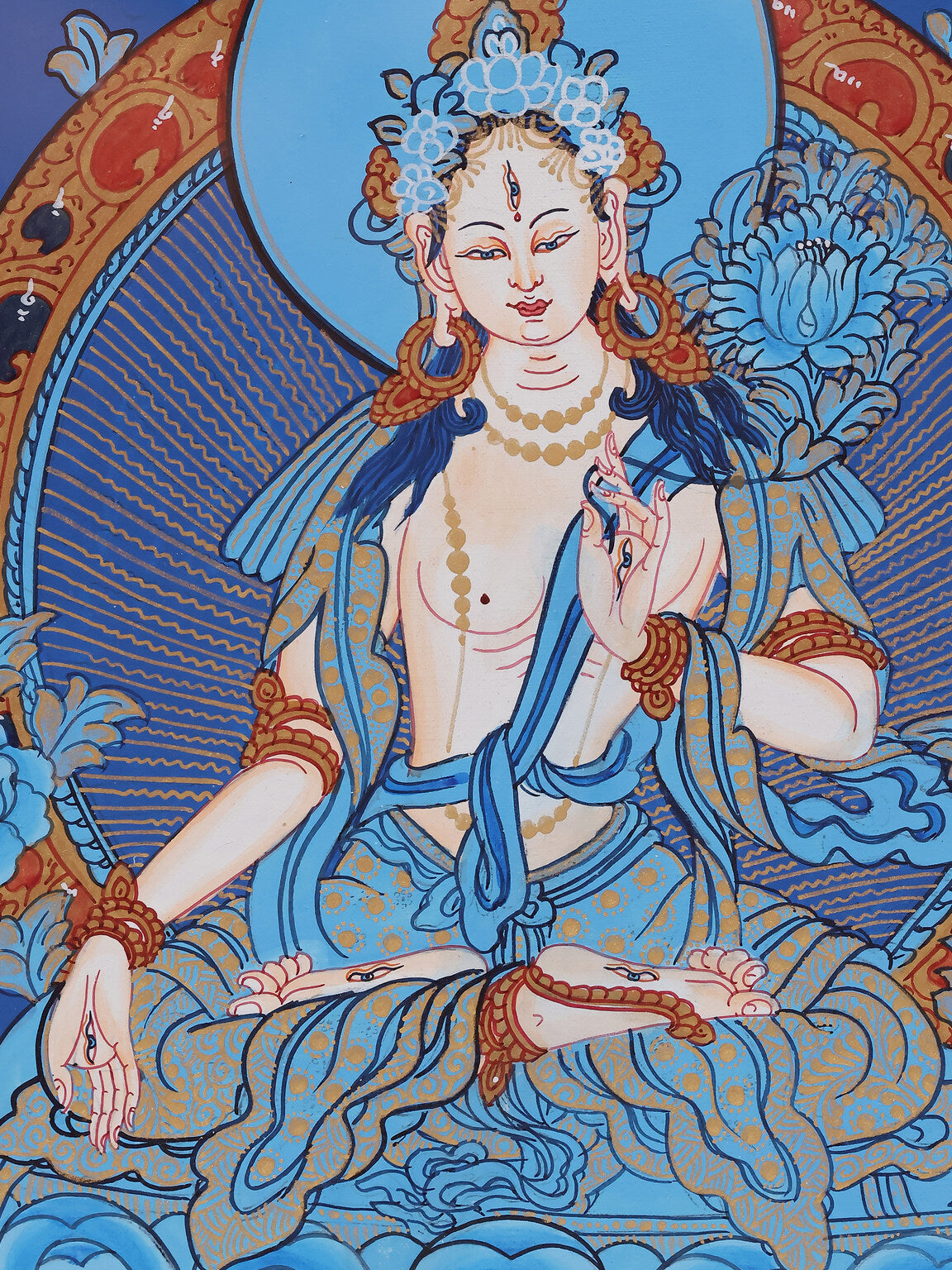 Traditional Akashagarbha Bodhisattva Thangka painting representing memory, intelligence, and merit accumulation
