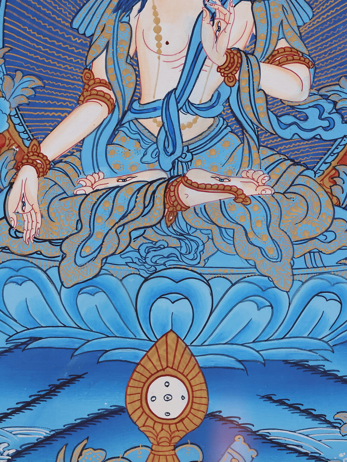 Tibetan Buddhist Akashagarbha Thangka artwork associated with wisdom, prosperity, and long-term spiritual growth