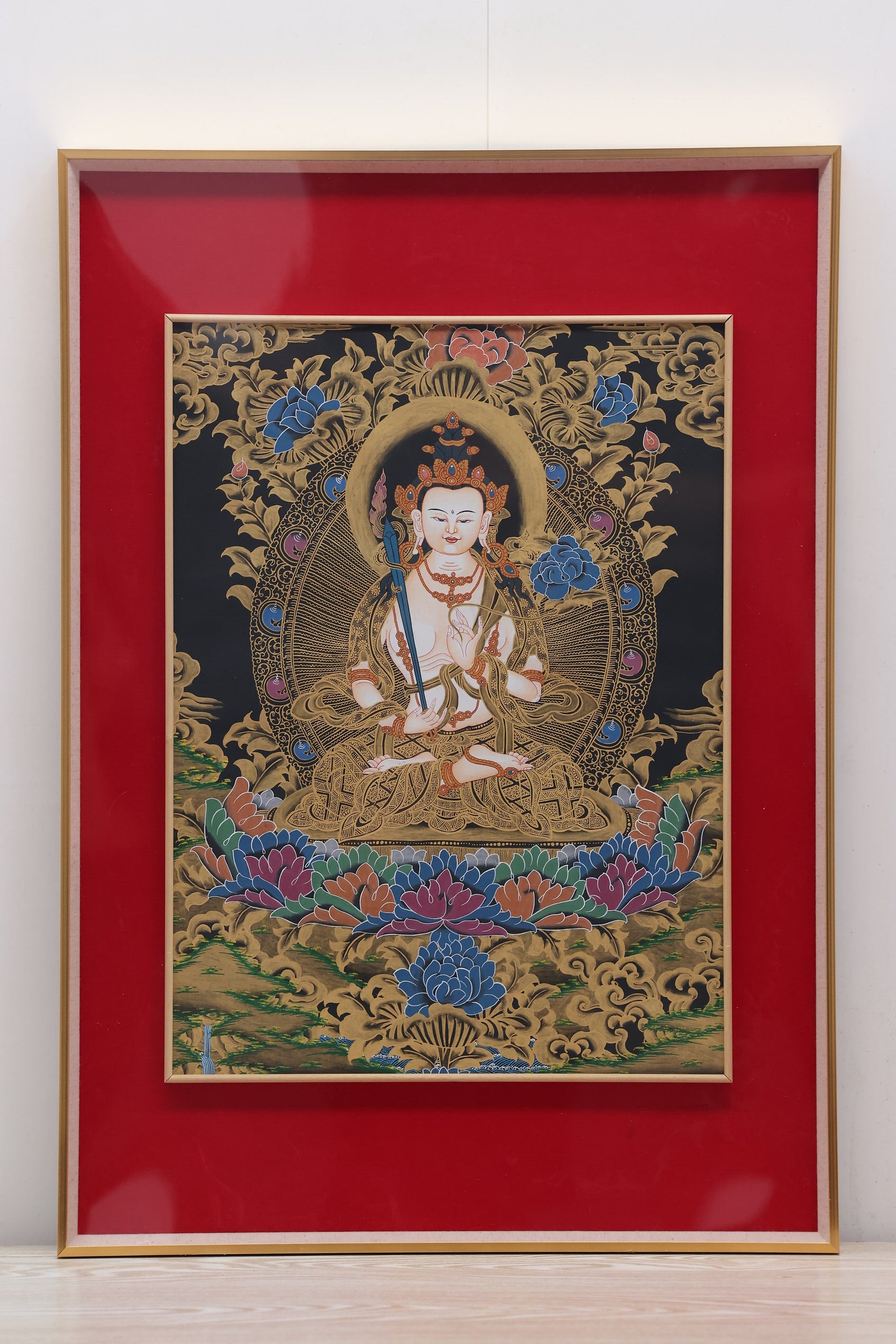 Black-Gold Akashagarbha Wisdom Protection Thangka – Tibetan Buddhist art for clearing ignorance and spiritual blockages.
