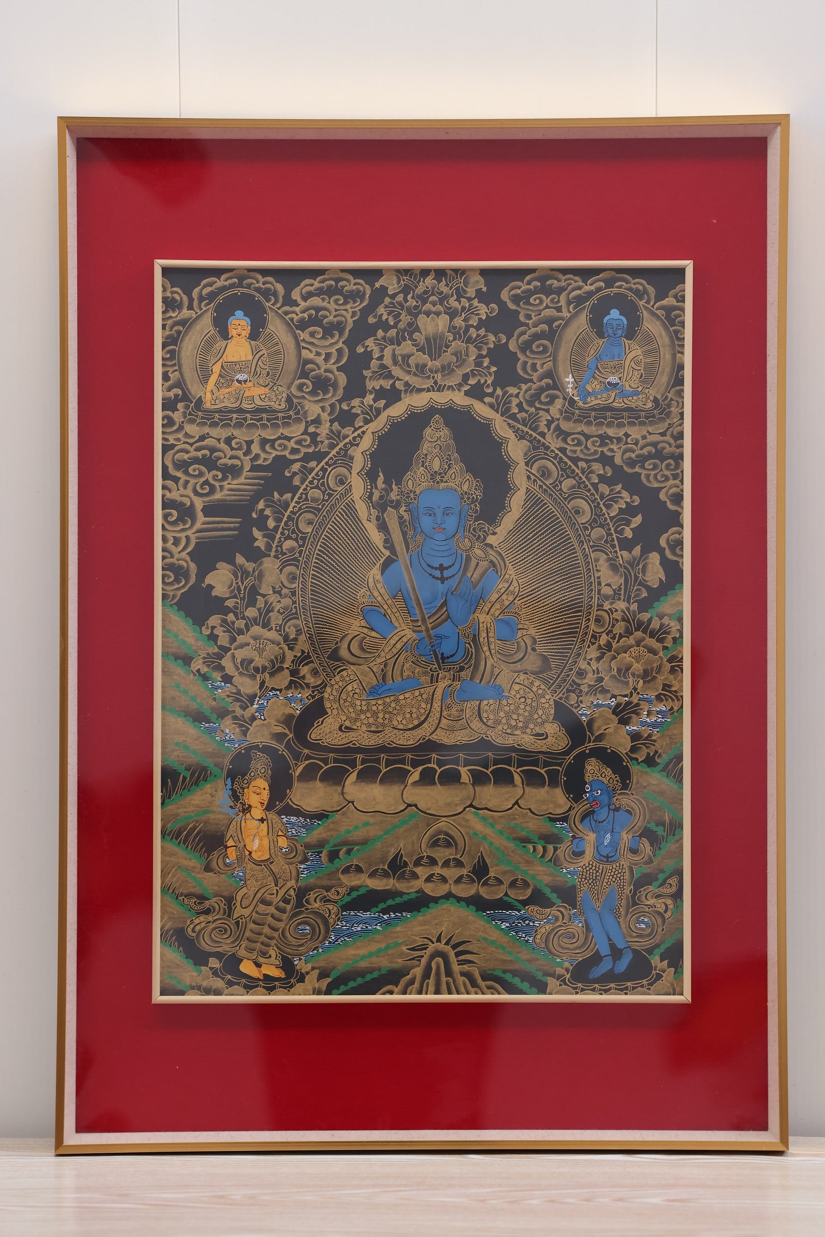 Blue Akashagarbha Bodhisattva Merit Accumulation Thangka – authentic Tibetan art for growing positive karma and wisdom.