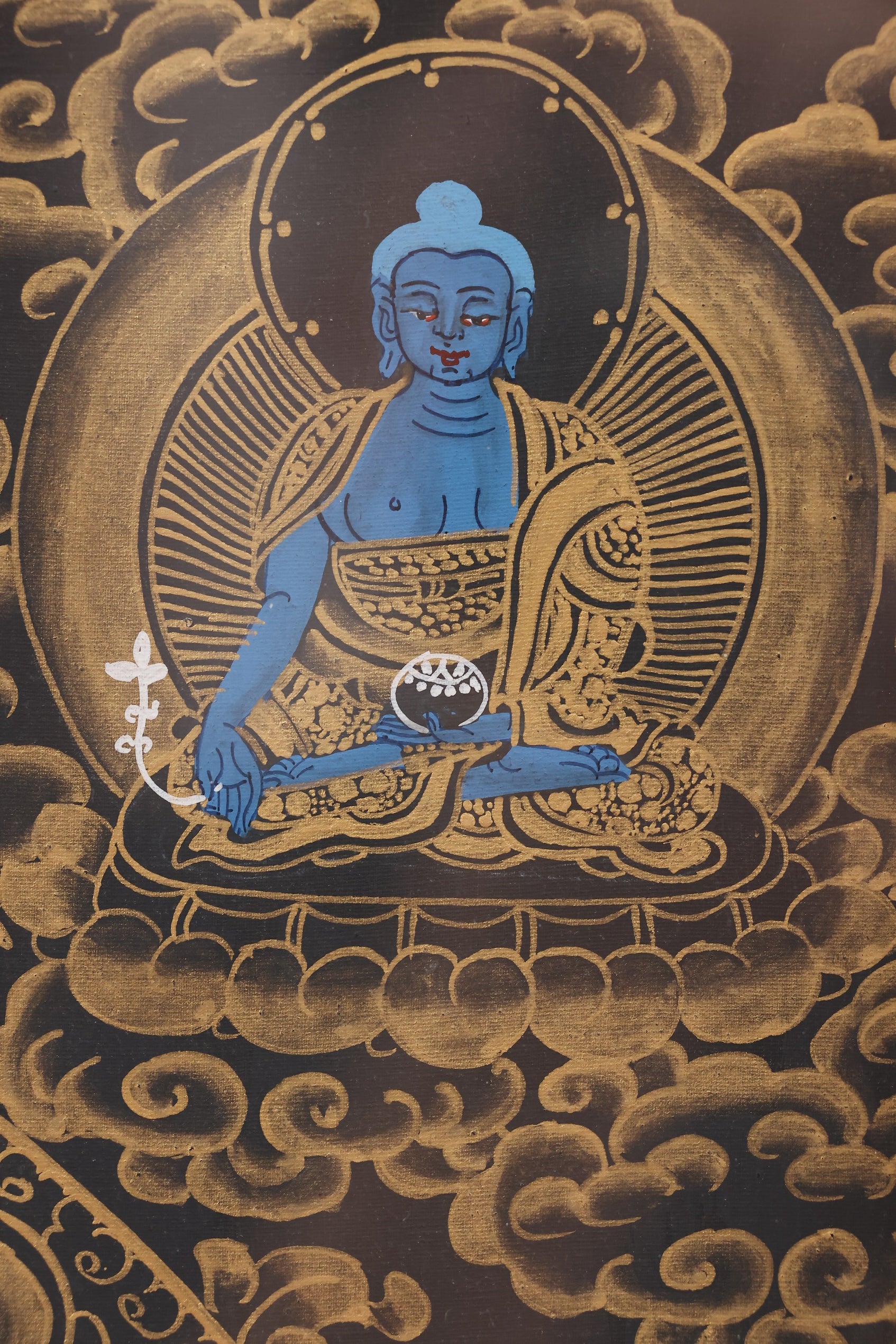 Black-Gold Akashagarbha Thangka – sacred Tibetan art for balanced merit accumulation and obstacle removal.