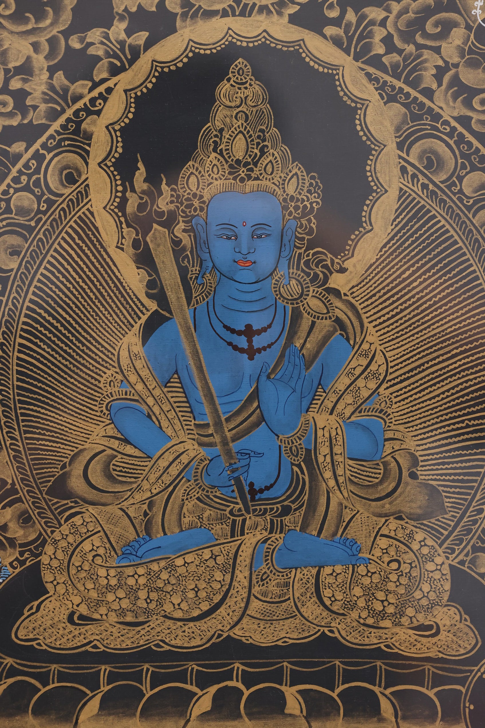 Handpainted Akashagarbha Bodhisattva Thangka – traditional Tibetan Buddhist handcrafted wisdom art.