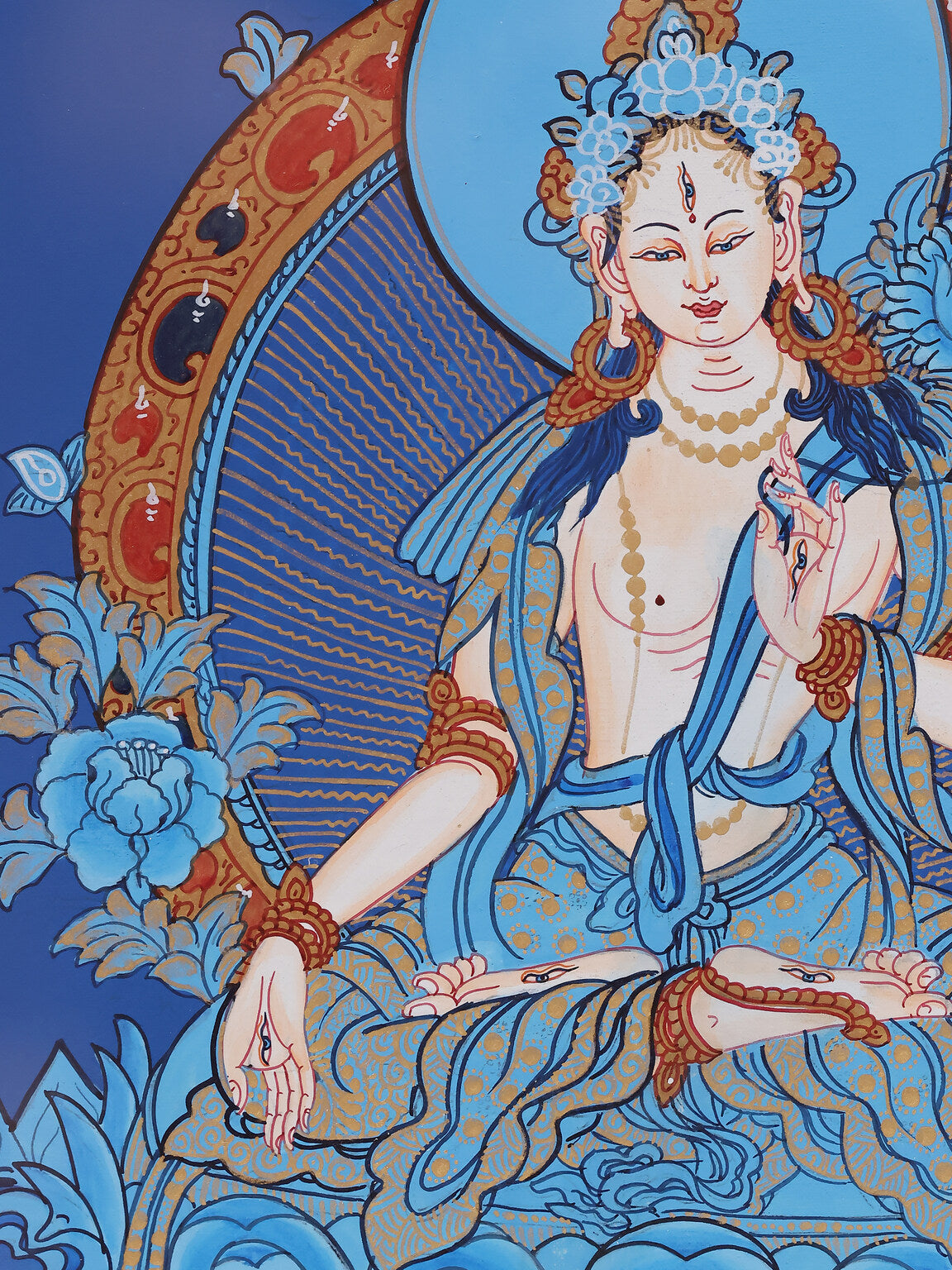 Detailed hand-painted Akashagarbha Bodhisattva Thangka in classical Tibetan Buddhist sacred art style
