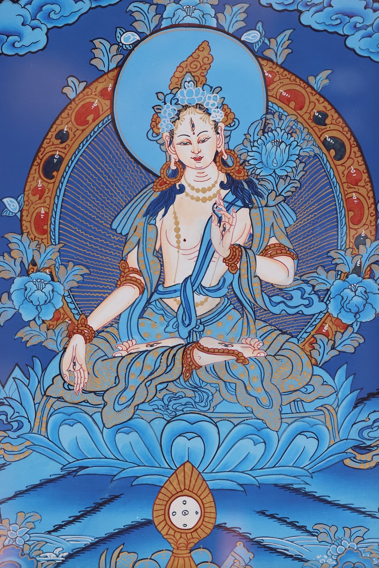 Hand-painted Akashagarbha Bodhisattva Thangka depicting infinite wisdom and accumulated merit in Tibetan Buddhist art
