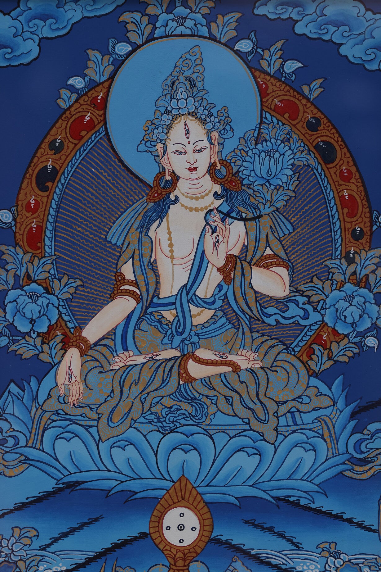 Sacred Tibetan Buddhist Akashagarbha Bodhisattva Thangka symbolizing boundless space, wisdom, and spiritual knowledge
