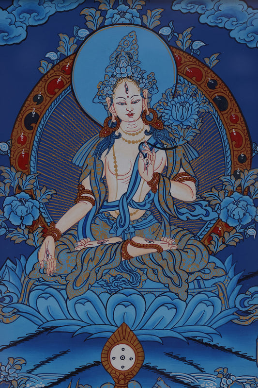 Sacred Tibetan Buddhist Akashagarbha Bodhisattva Thangka symbolizing boundless space, wisdom, and spiritual knowledge