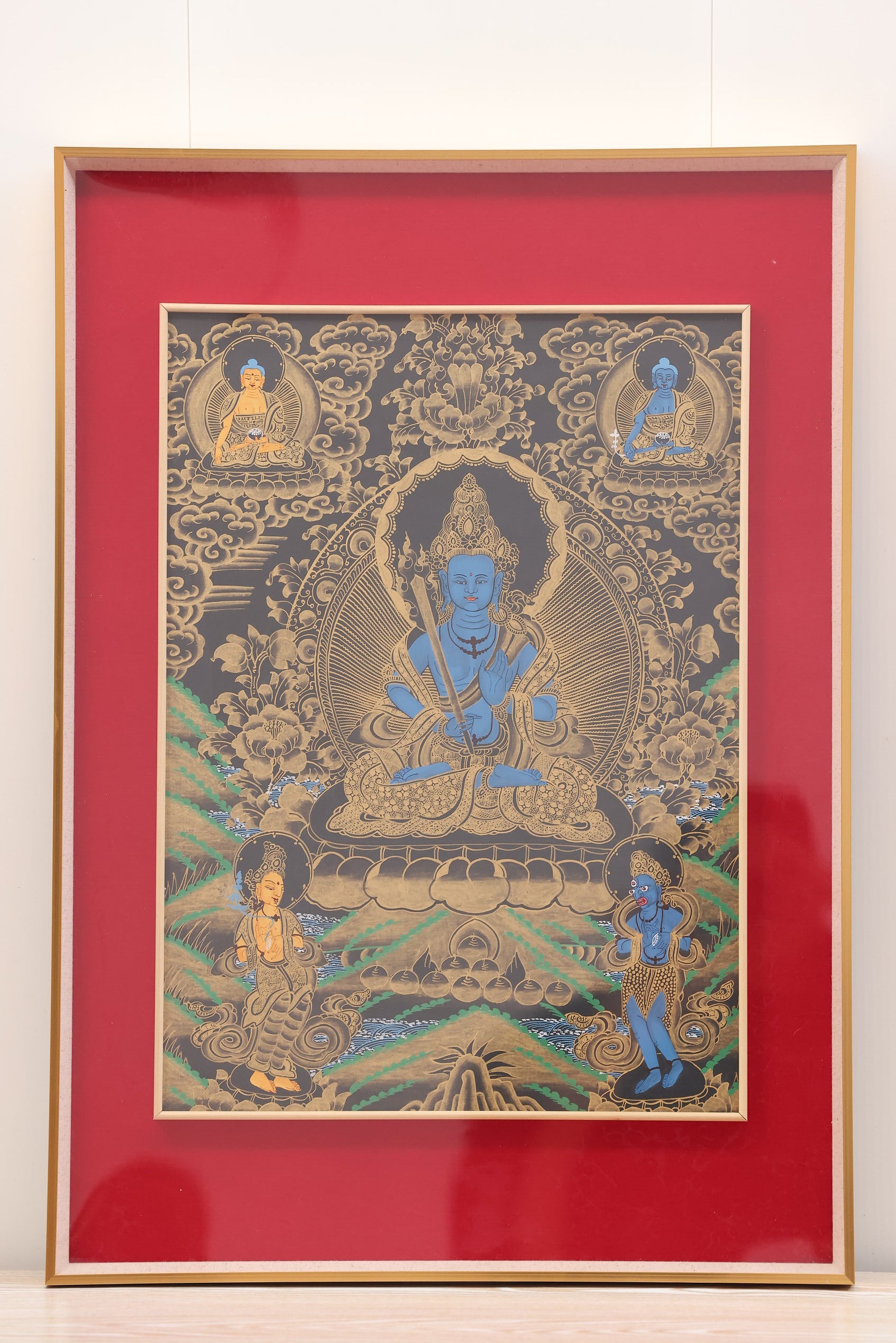Akashagarbha Blue Body Thangka – authentic Tibetan art representing void-like wisdom and abundant merit.
