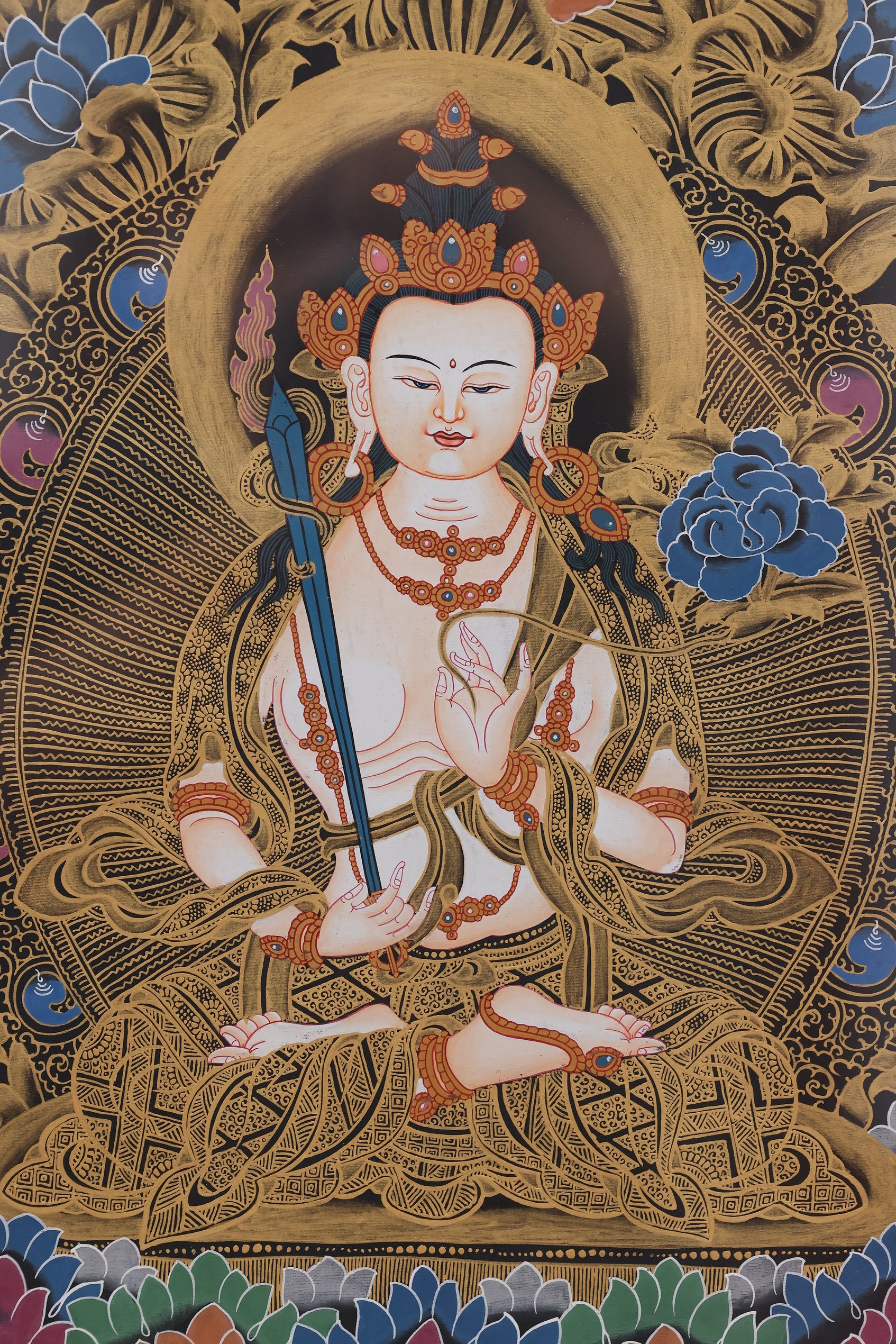 Akashagarbha Wisdom Sword Thangka – Tibetan art for cutting through confusion and ignorance.