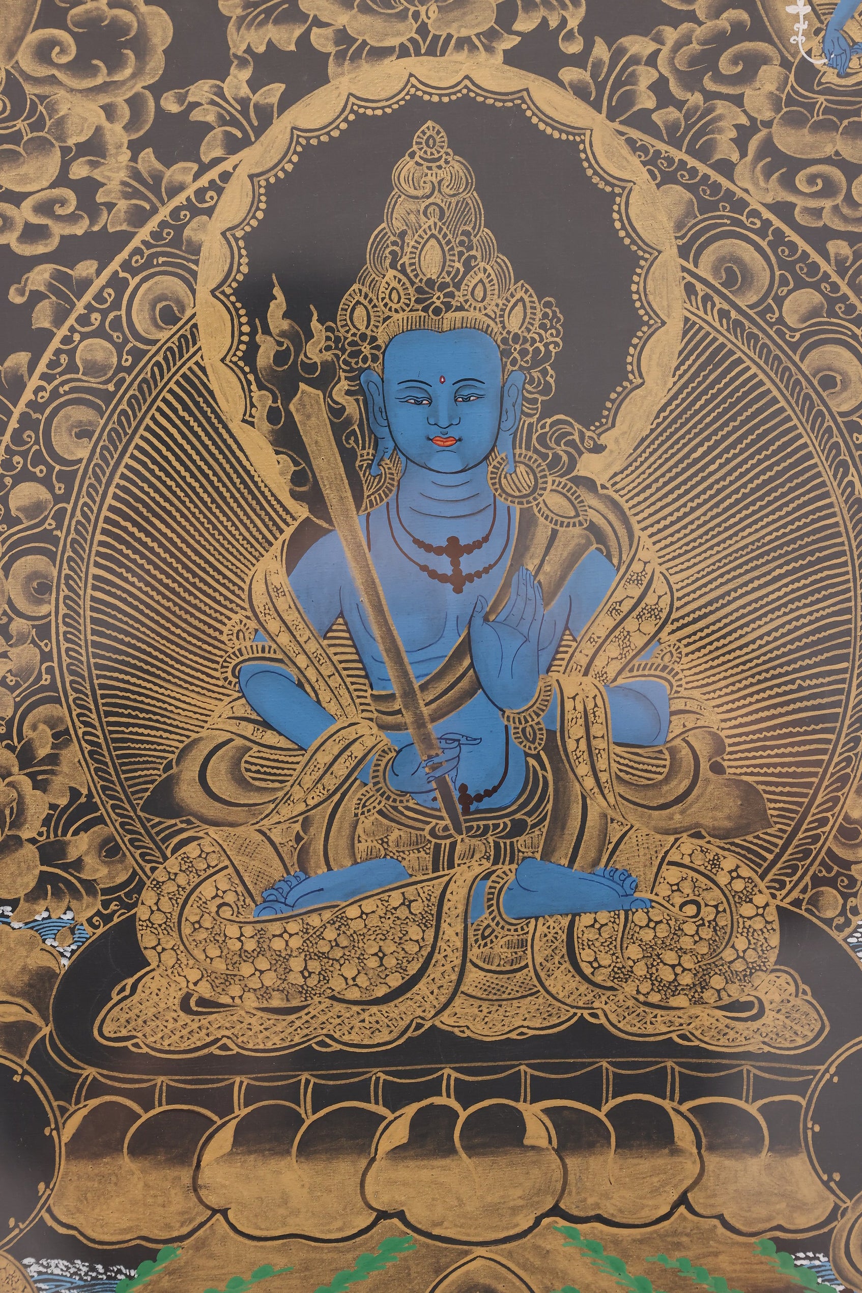 Akashagarbha Lotus Throne Thangka – Tibetan art symbolizing wisdom, merit, and freedom from suffering.
