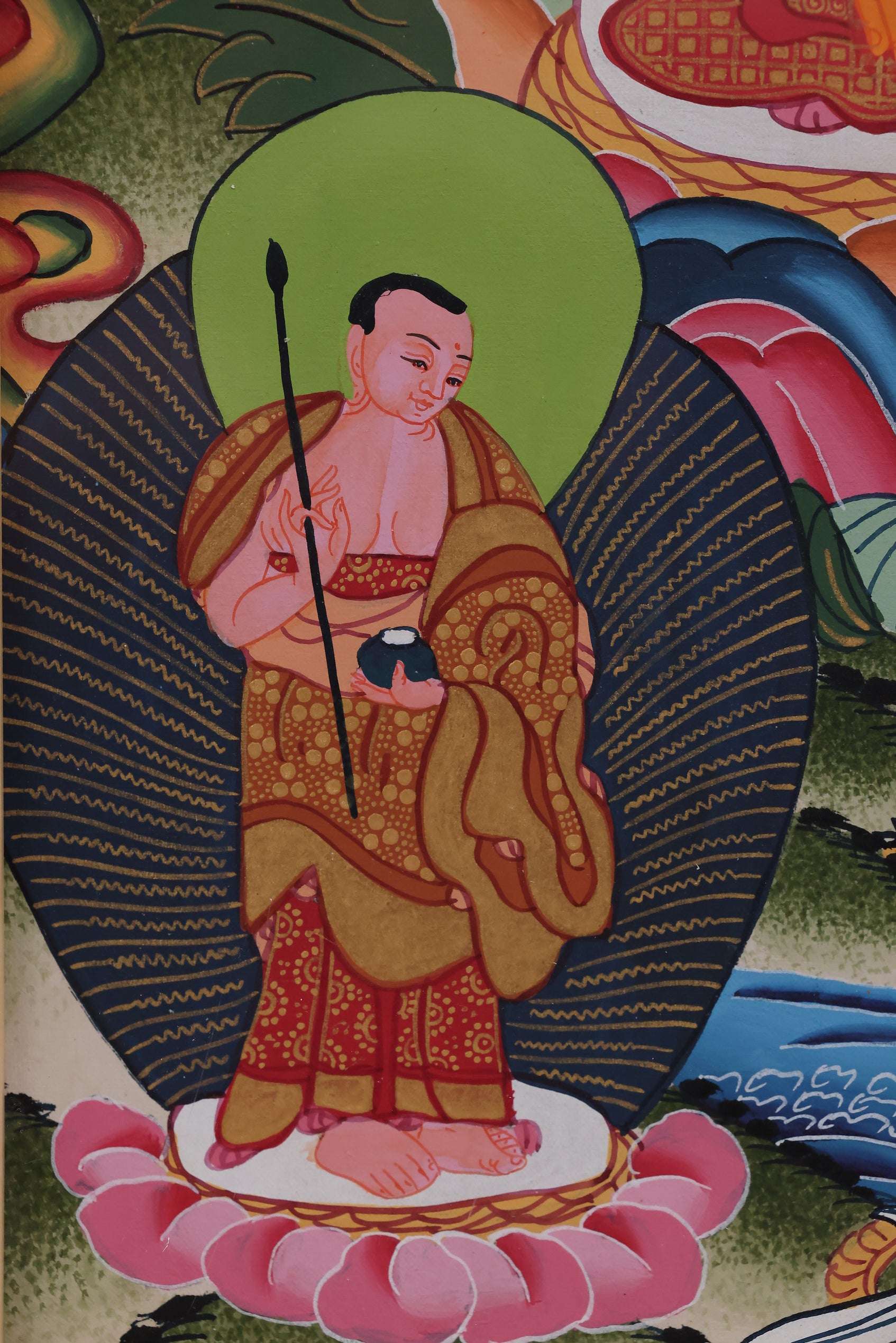 Western Pure Land Sukhavati illustrated in a traditional Tibetan Buddhist Amitabha Buddha thangka.