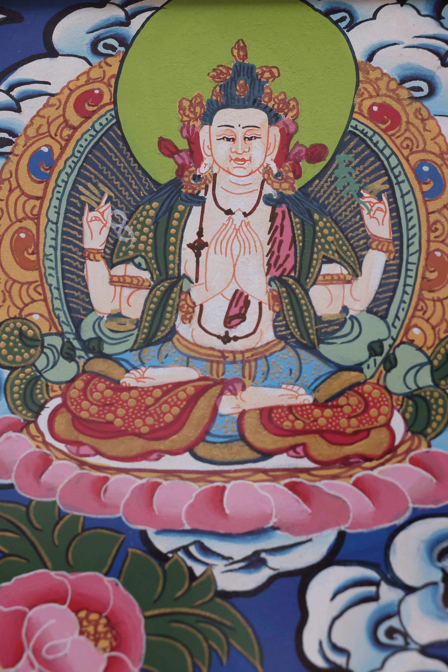 Golden Sukhavati paradise with Amitabha Buddha, painted in classical Tibetan Buddhist thangka style.