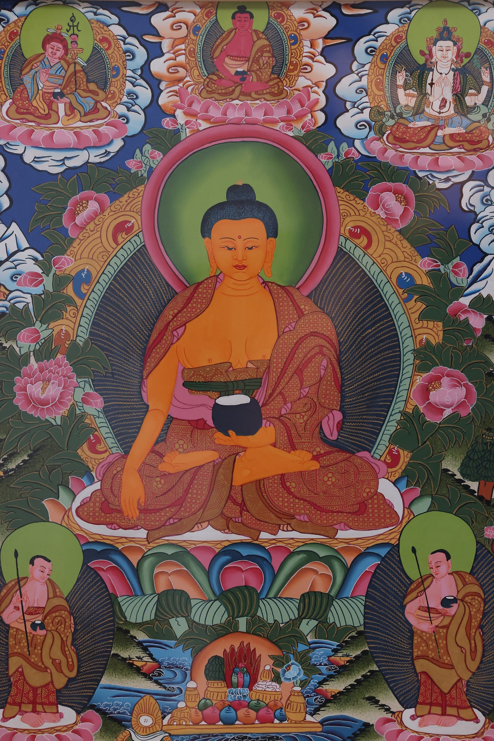 Amitabha Buddha presiding over the Western Pure Land, Tibetan Buddhist thangka symbolizing rebirth, peace, and enlightenment.