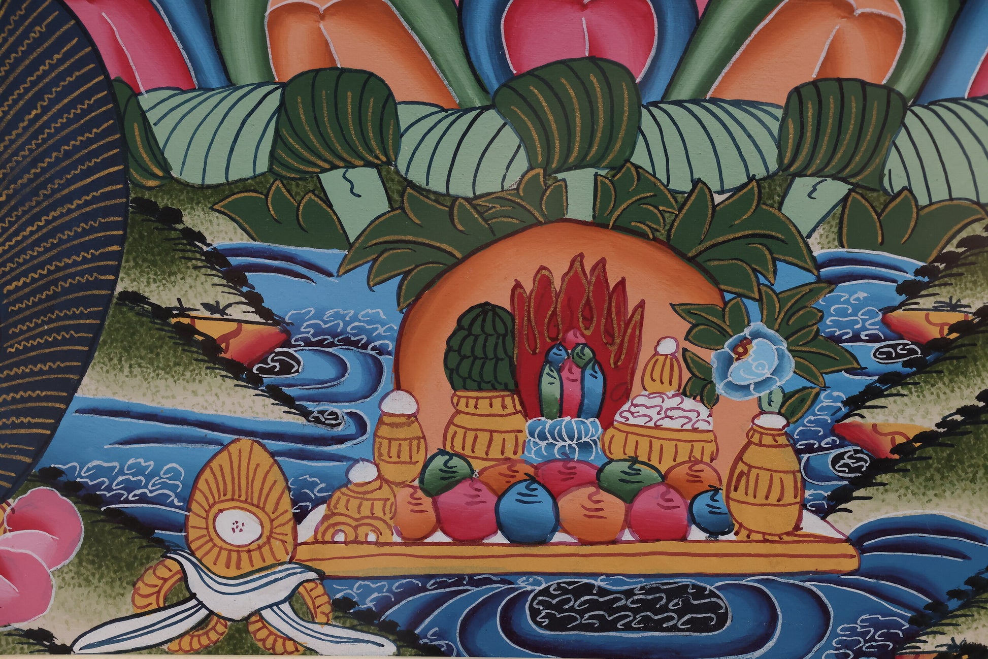 Compassionate Amitabha Buddha in the Western Pure Land, Tibetan Buddhist thangka expressing infinite mercy.
