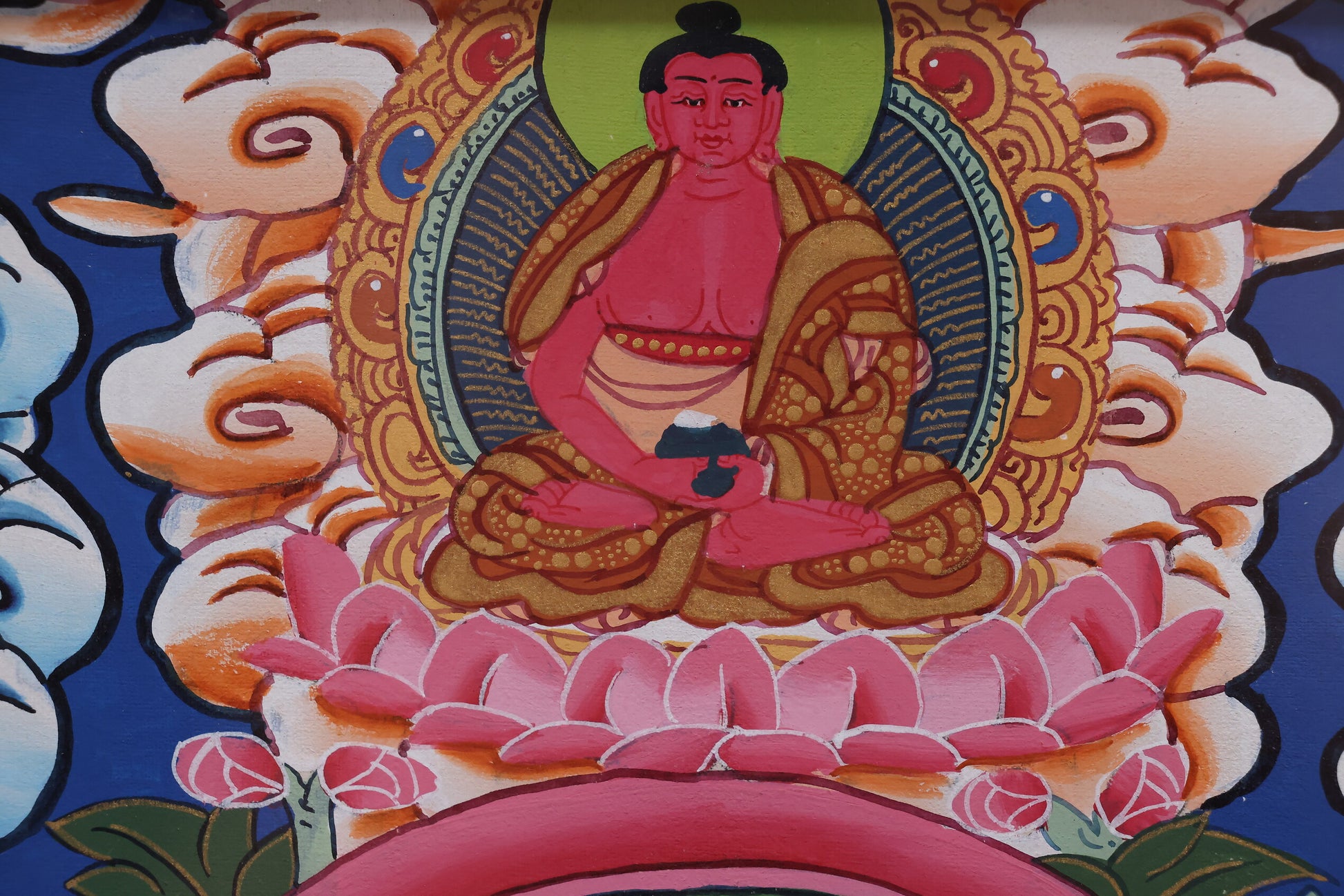 Pure Land thangka of Amitabha Buddha with Avalokiteshvara and Mahasthamaprapta, the Three Pure Land Saints.