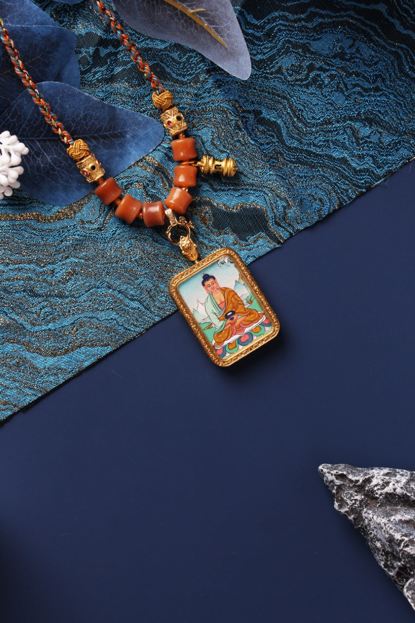  Close-up detail of the Karma Kagyu Amitabha Buddha Thangka painting showing intricate natural mineral pigment work and serene expression, showcasing the masterful artistry of Tibetan lineage painters.

