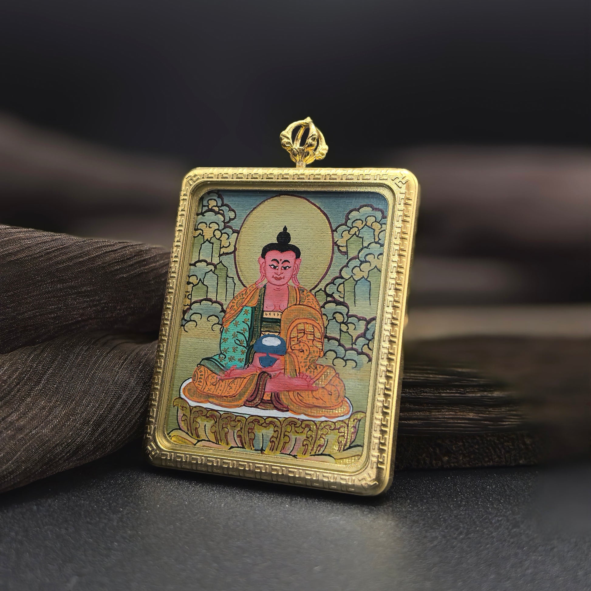  The Nepal Amitabha Thangka pendant with titanium casing displayed as a sacred amulet for peace and the Pure Land, embodying Buddhist tradition.