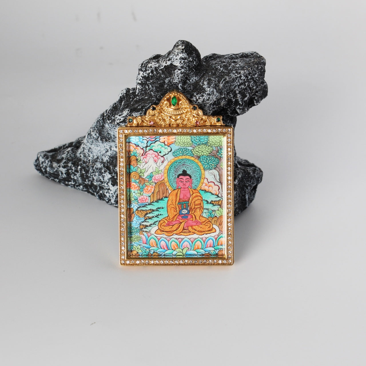  Close-up detail of the Nepal Premium Amitabha Thangka painting showing intricate natural mineral pigment work, showcasing the masterful artistry of Nepali lineage painters.
