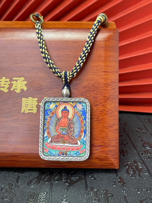 Hand-painted Rekong Amitabha (阿弥陀佛) full-figure Thangka pendant 3.5x4.5cm with hand-woven cord, Rekong series.
