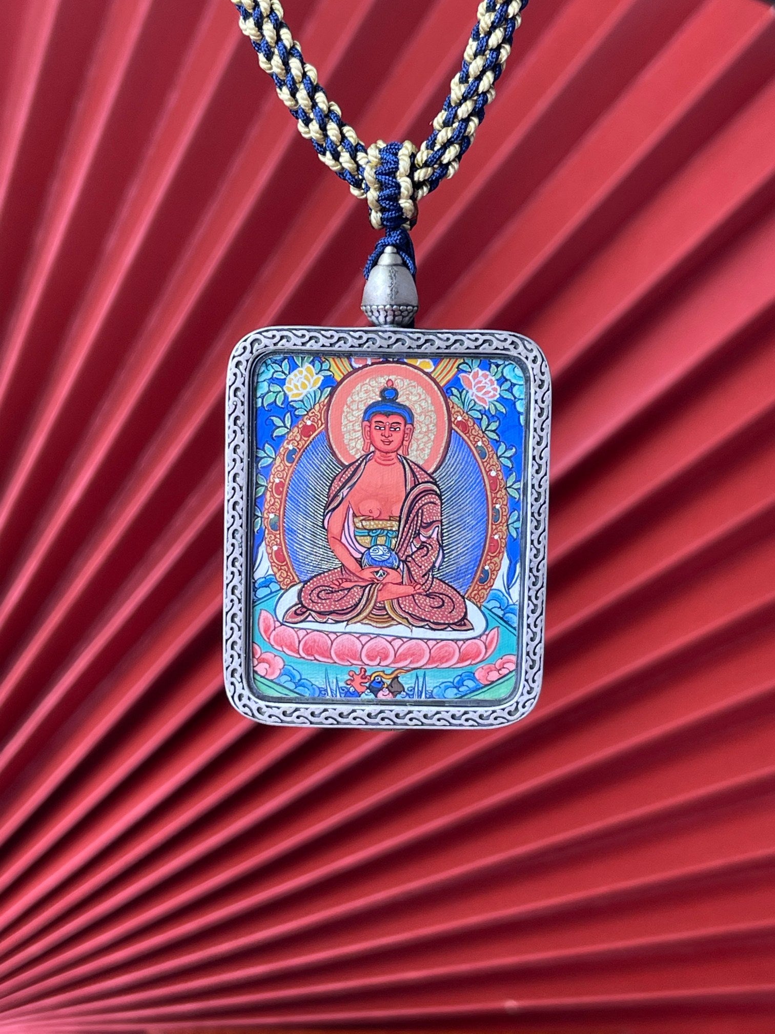  Close-up detail of the Rekong Amitabha full-figure Thangka showing natural mineral pigments, Rekong series artistry.
