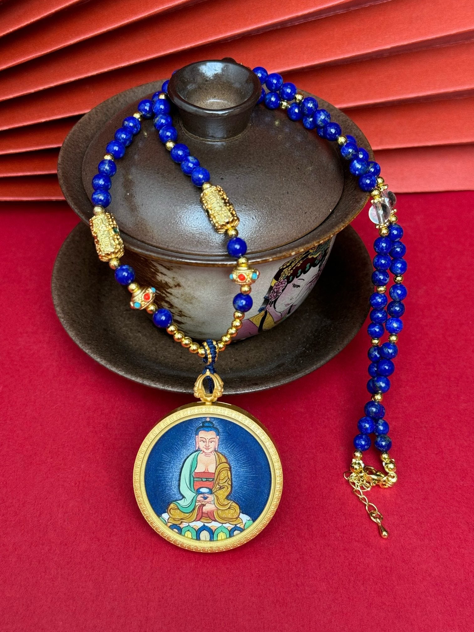  Hand-painted Tibet Bold Amitabha (阿弥陀佛) Thangka pendant 3.5cm with copper casing featuring the lord of the Western Pure Land, representing peace in Buddhist tradition.
