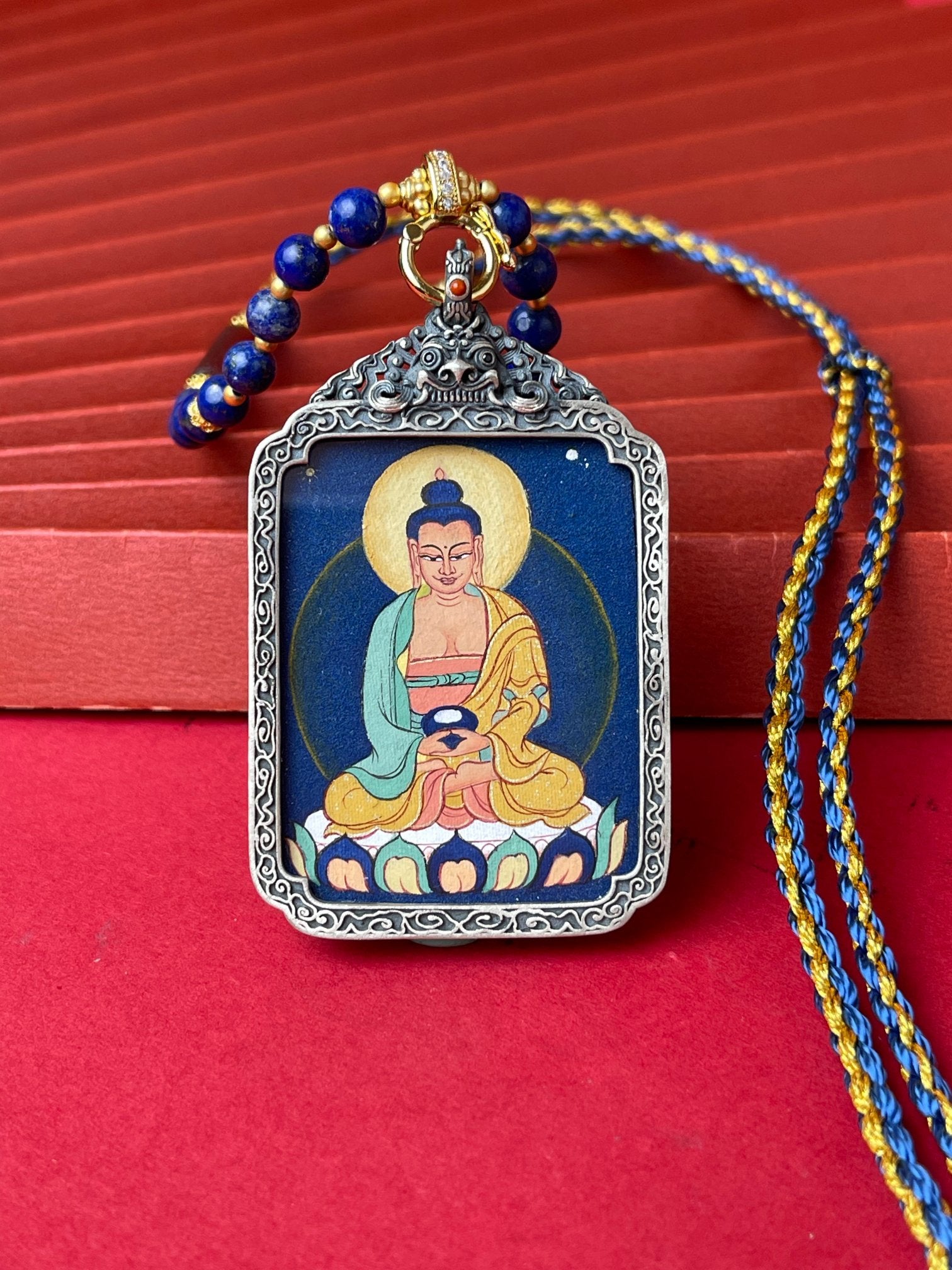 Close-up detail of the Tibet Amitabha Thangka showing hand-painted mineral pigments, showcasing the Tibet Coarse series artistry.

