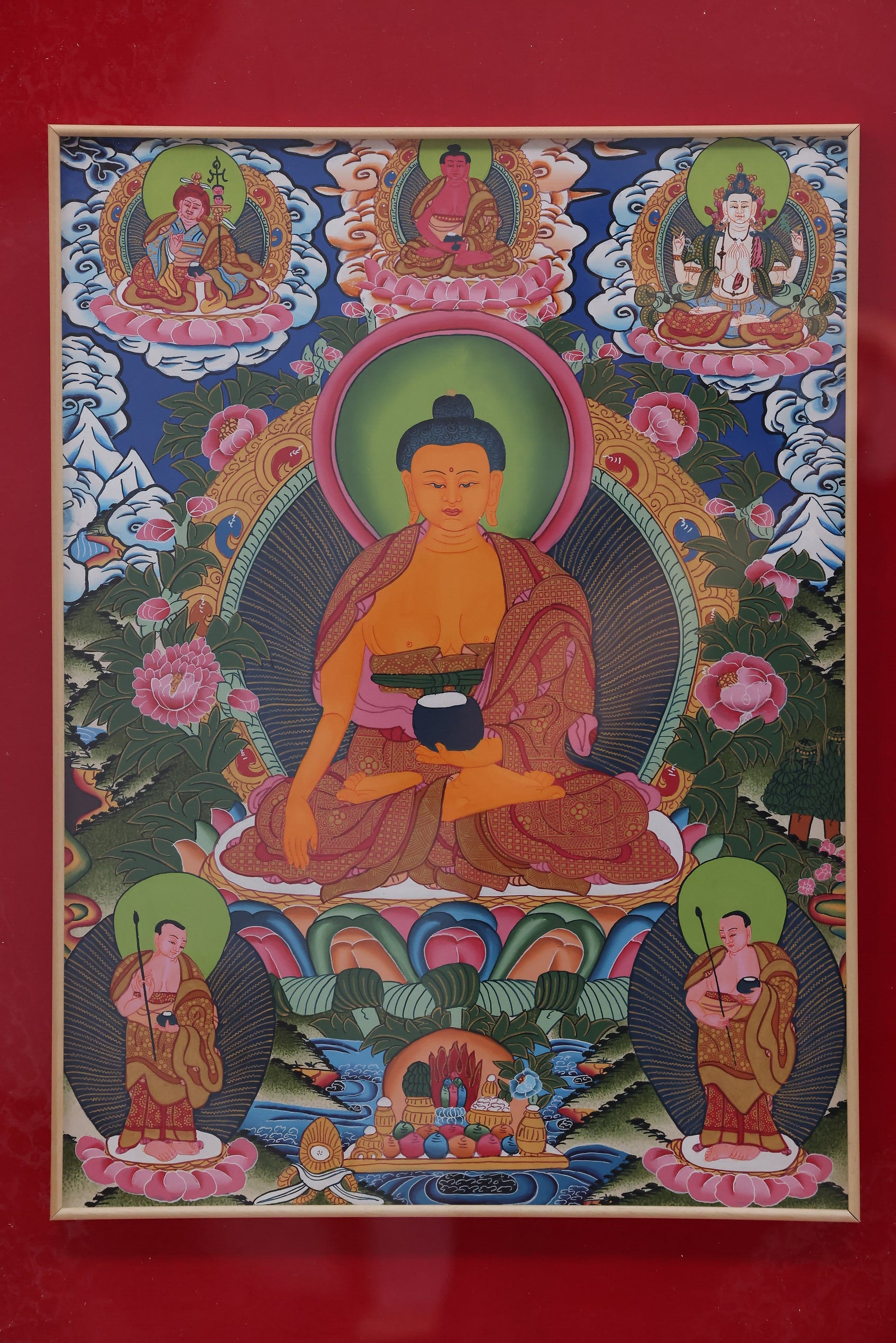 Sacred thangka depicting Amitabha Buddha seated on a lotus throne in the Pure Land paradise