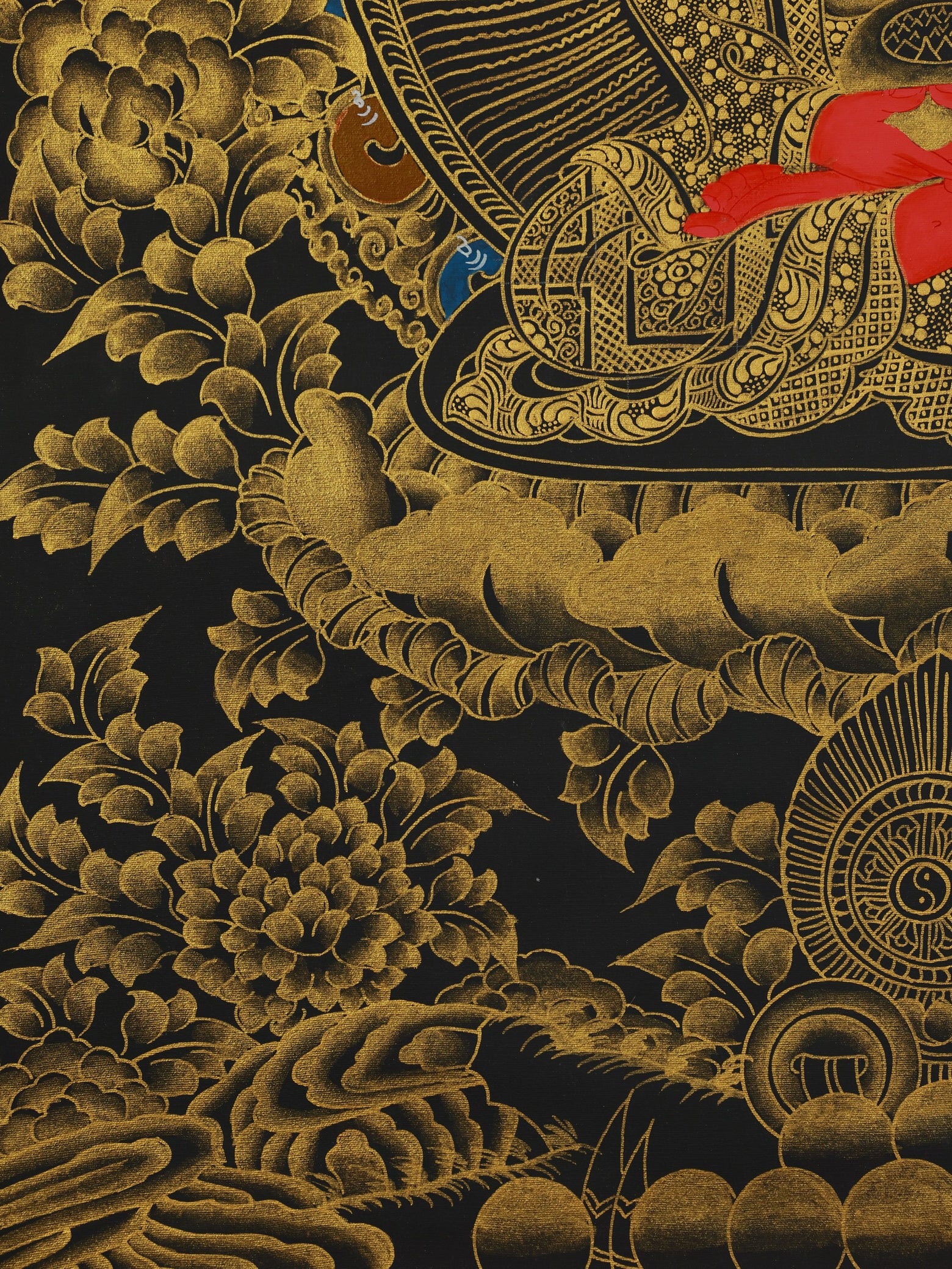 A detailed close-up of an Amitayus Buddha thangka showcasing masterful 24K gold outlining, reflecting the high artistic skill of Himalayan thangka painting.