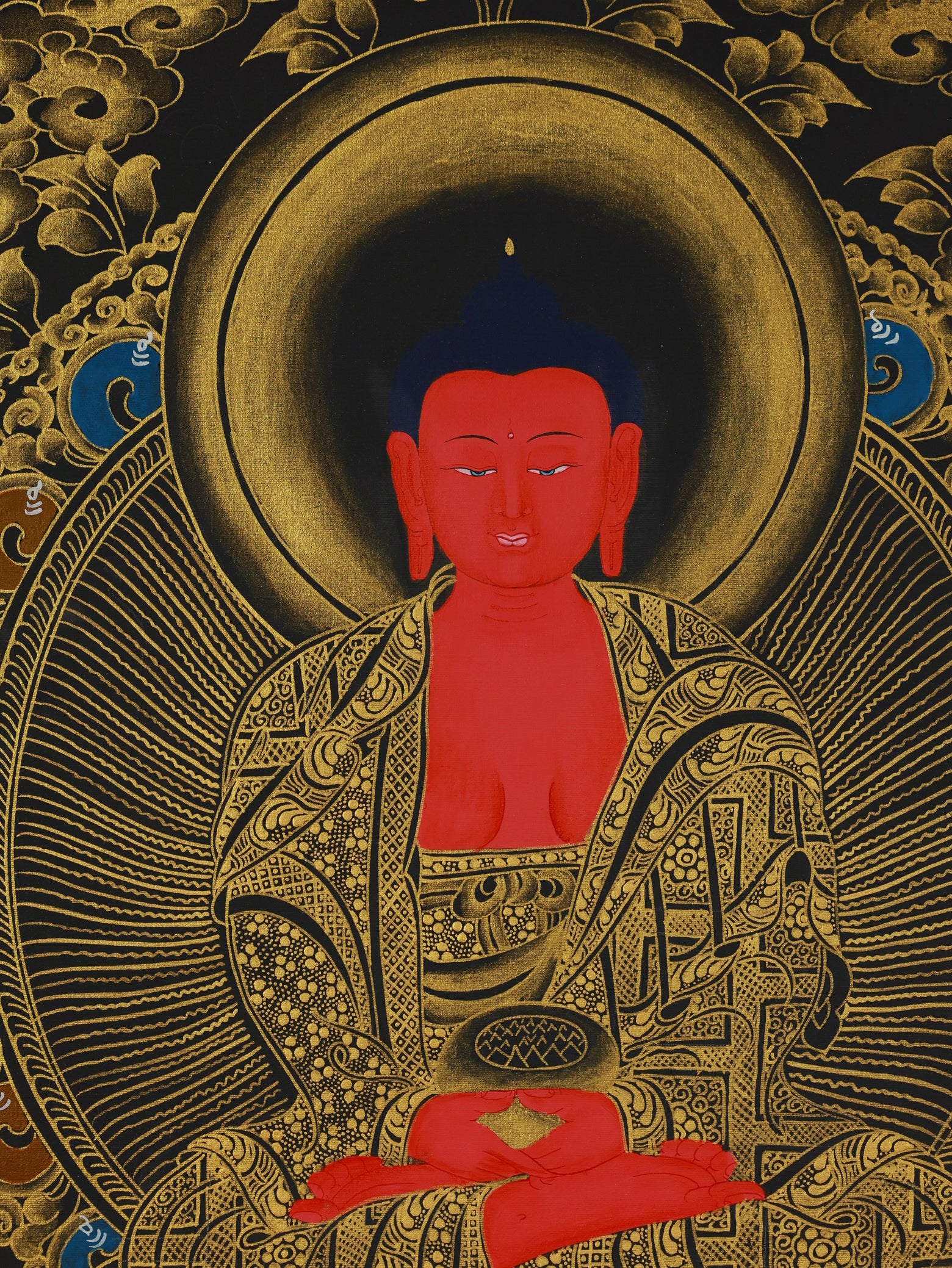 A radiant Amitayus Buddha thangka featuring the deity's signature red form against a golden backdrop, symbolizing eternal prosperity, auspiciousness, and longevity.