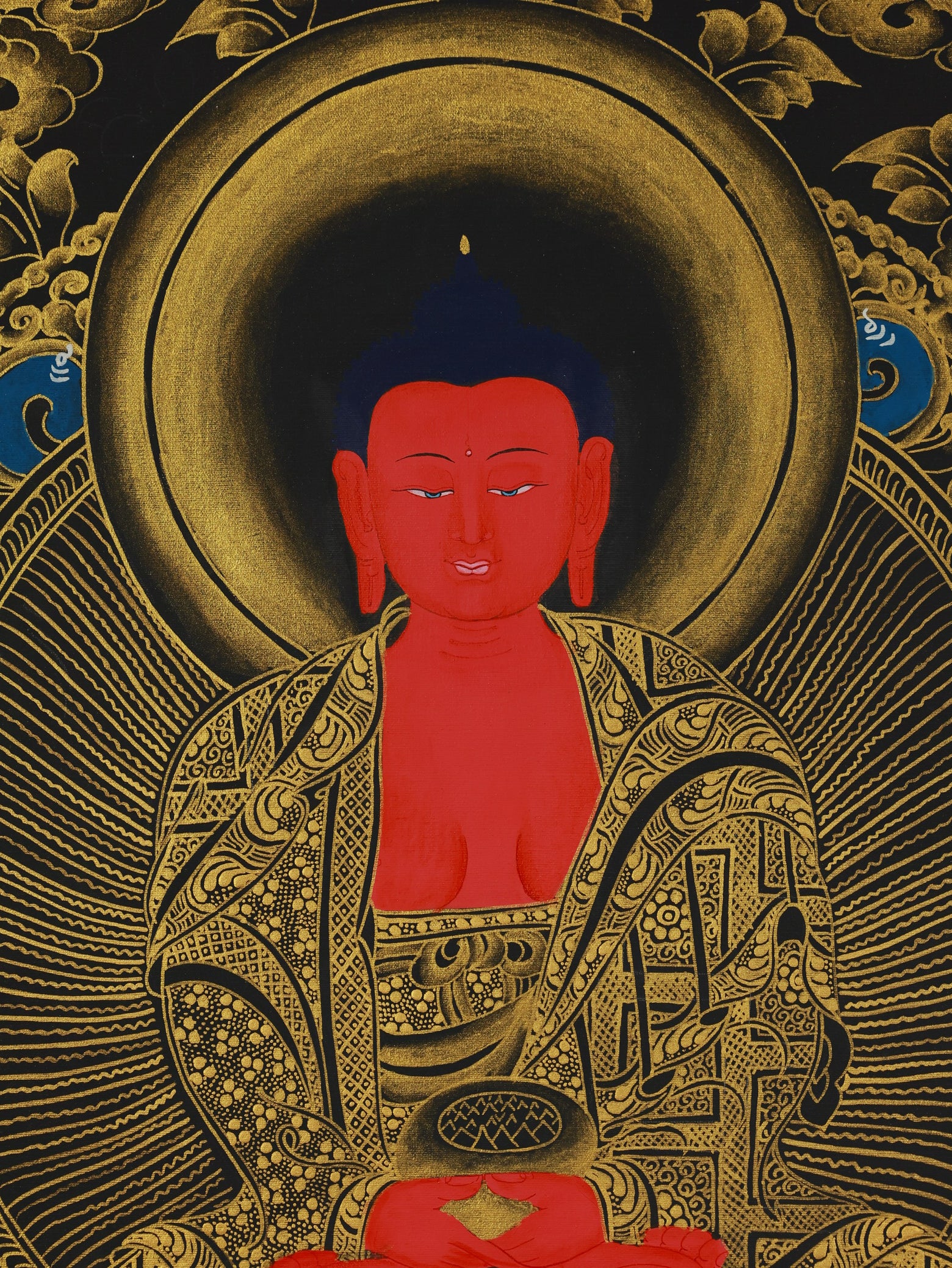 An intricately detailed depiction of Amitayus Buddha holding the vase of immortality, representing the divine gift of boundless life and vitality in Tibetan Buddhism.