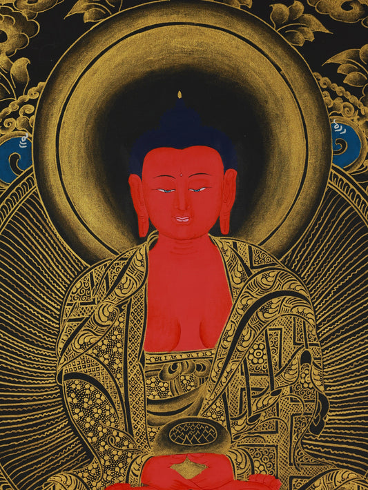 An intricately detailed depiction of Amitayus Buddha holding the vase of immortality, representing the divine gift of boundless life and vitality in Tibetan Buddhism.