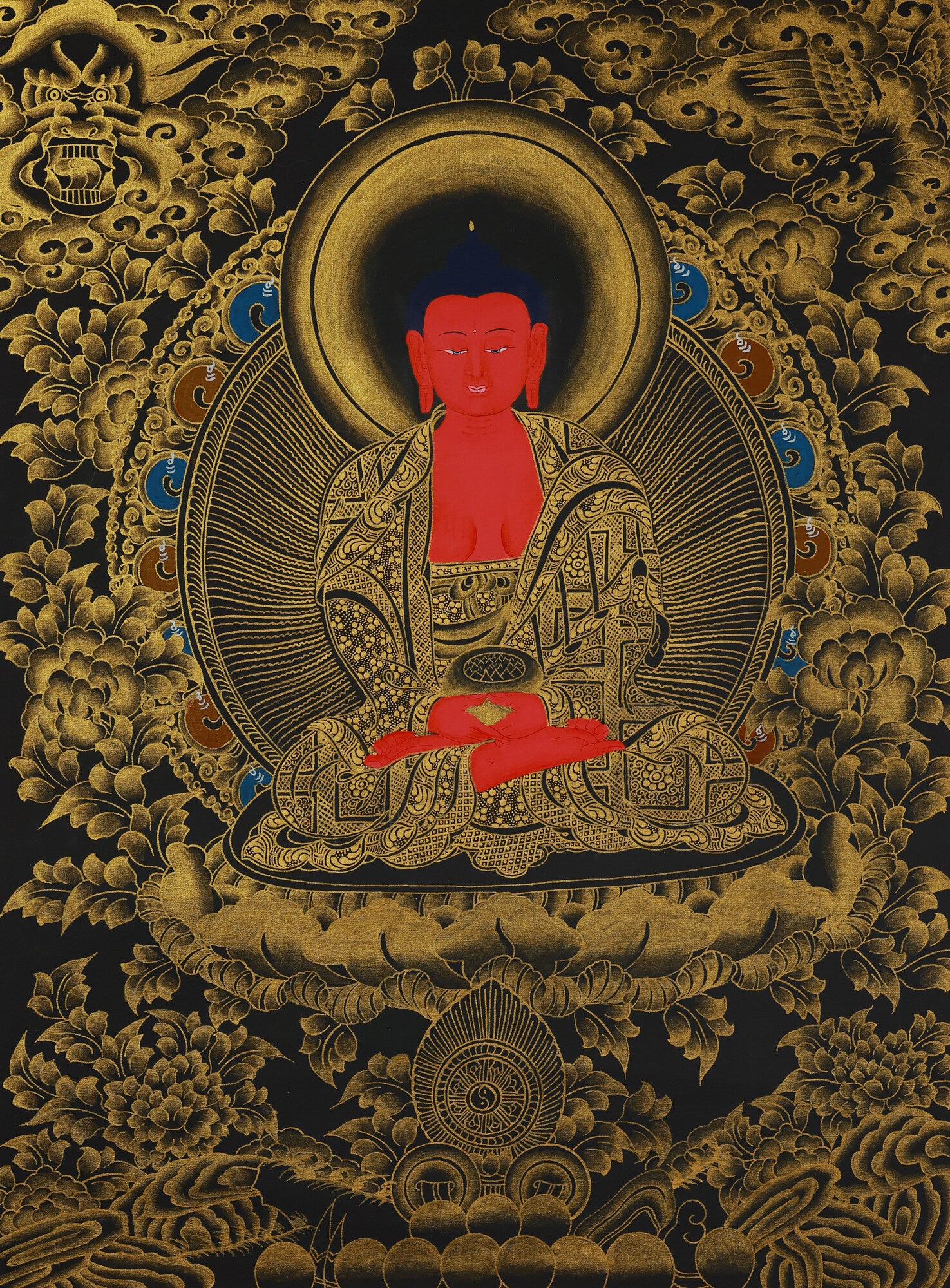 A sacred Tibetan Buddhist thangka of Amitayus Buddha, the embodiment of infinite life, set within a classic mandala formation symbolizing longevity and spiritual radiance.