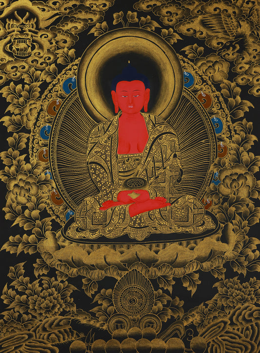 A sacred Tibetan Buddhist thangka of Amitayus Buddha, the embodiment of infinite life, set within a classic mandala formation symbolizing longevity and spiritual radiance.