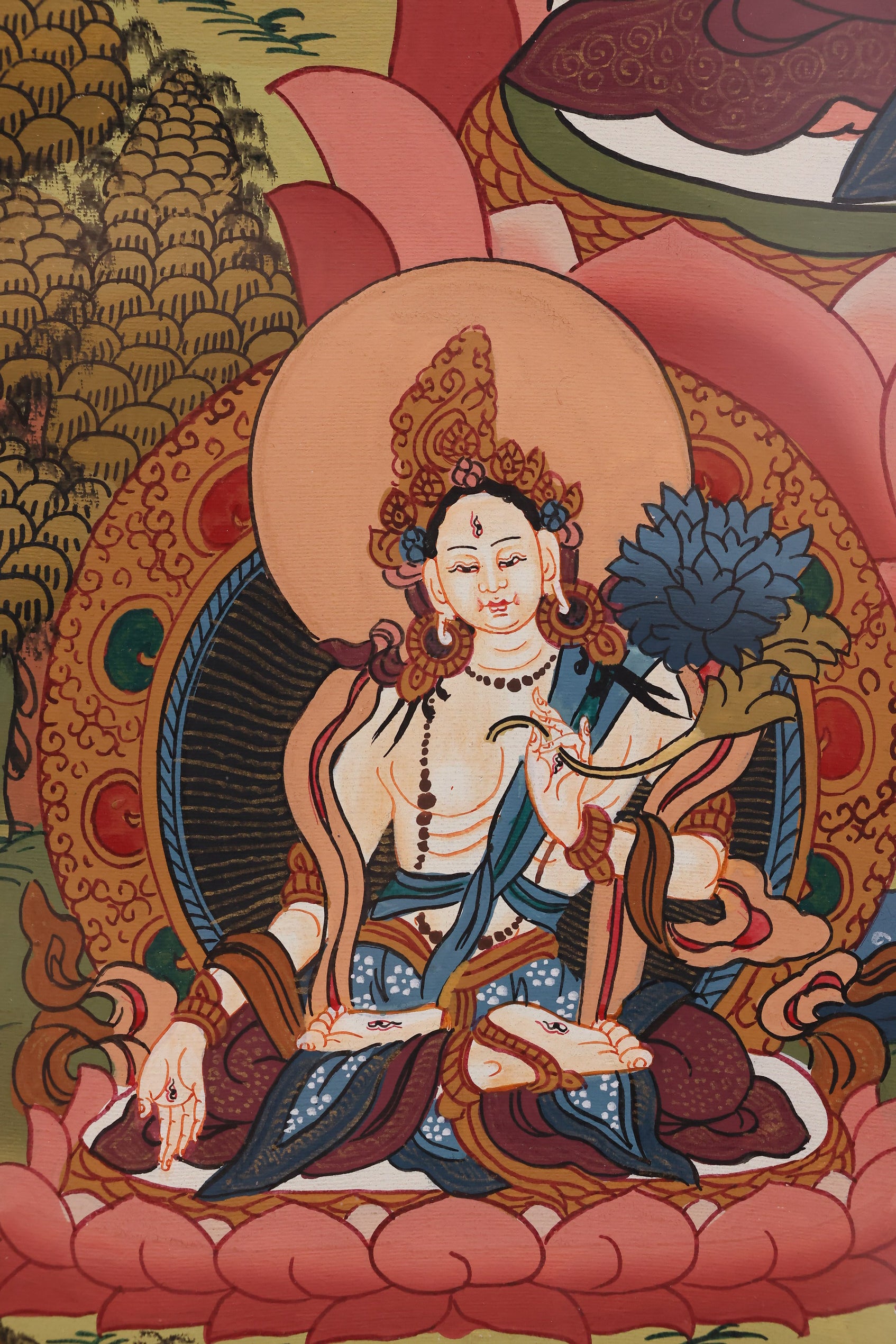 Amitayus Thangka with detailed lotus and sacred iconography, symbolizing health, longevity, and spiritual growth