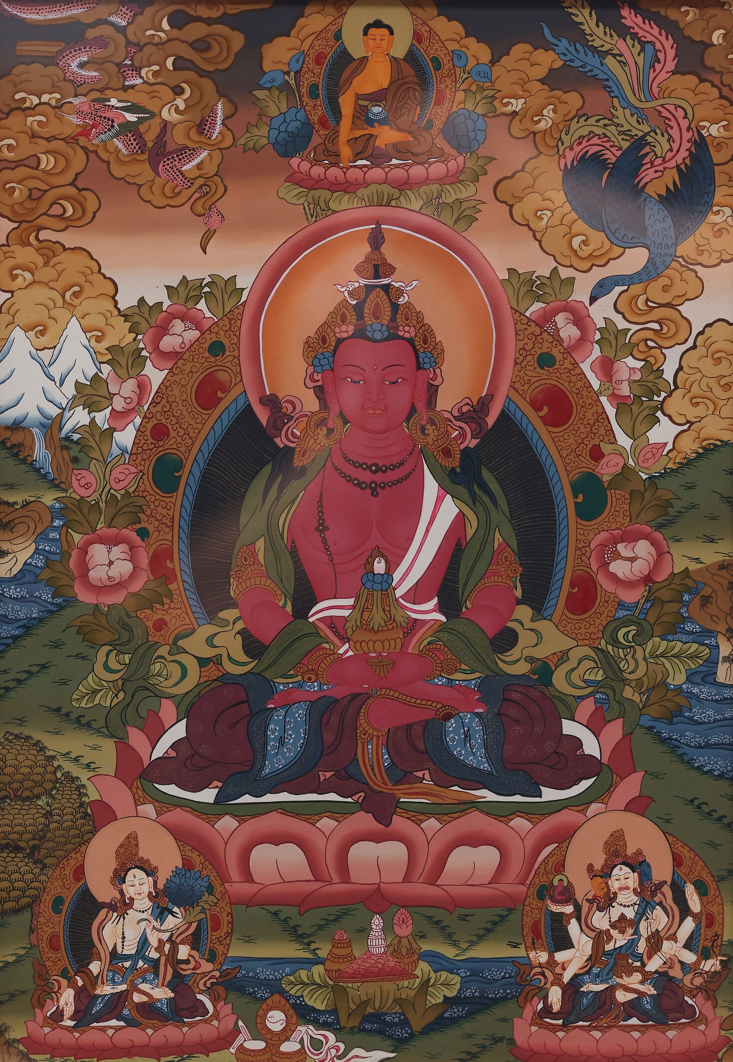 Hand-painted Tibetan Thangka of Amitayus in the Long Life Pure Land, depicting vibrant colors and sacred symbols for longevity.